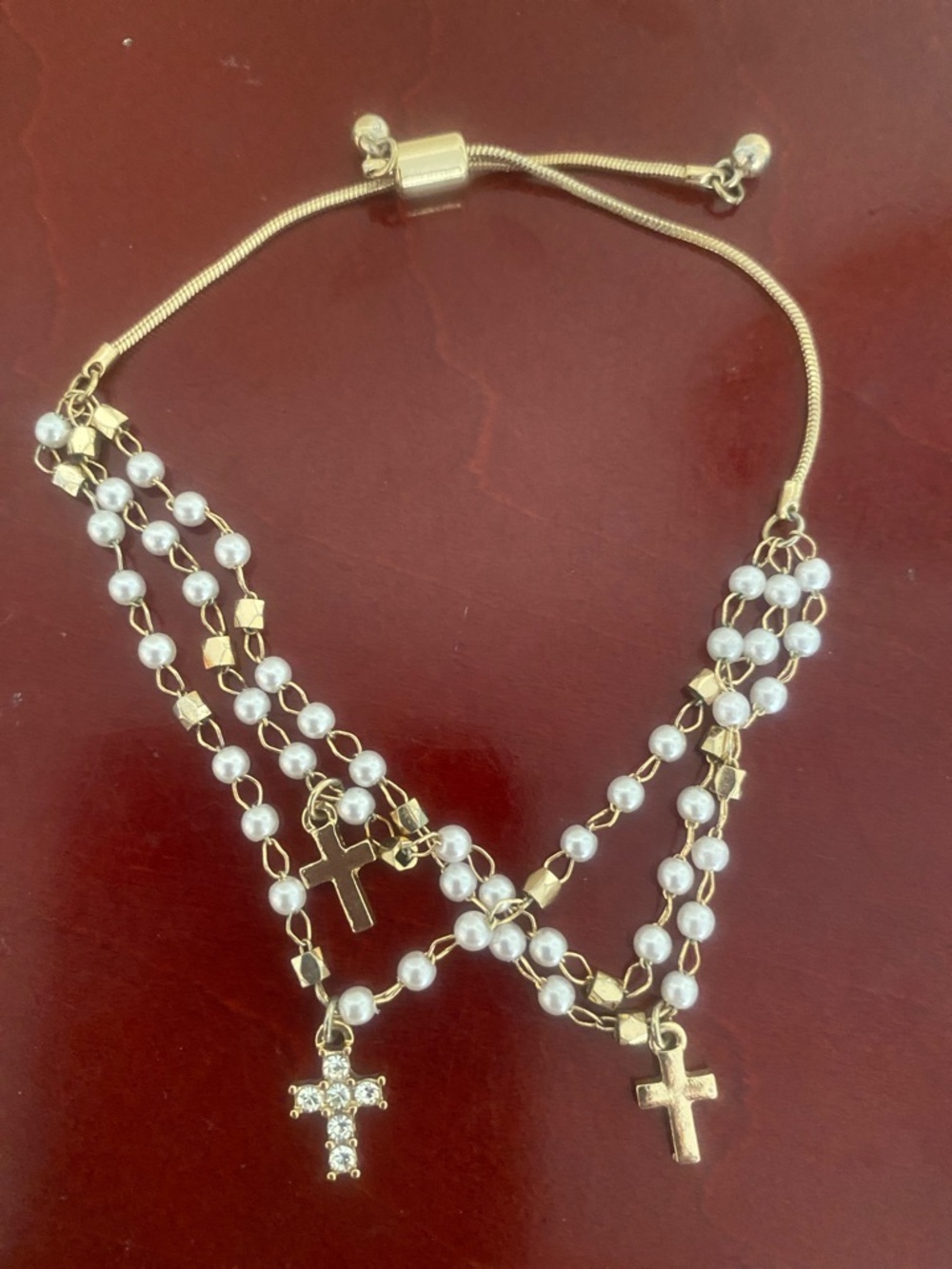 Gold Pearl Multi-Strand Cross Bracelet - Elegant Religious Jewelry